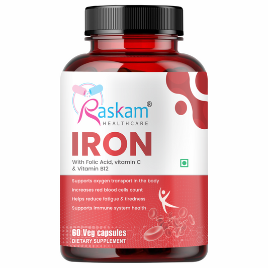 Raskam Iron Supplement with Folic Acid, Vitamin C & Vitamin B12, 60 capsules, Dietary Supplement