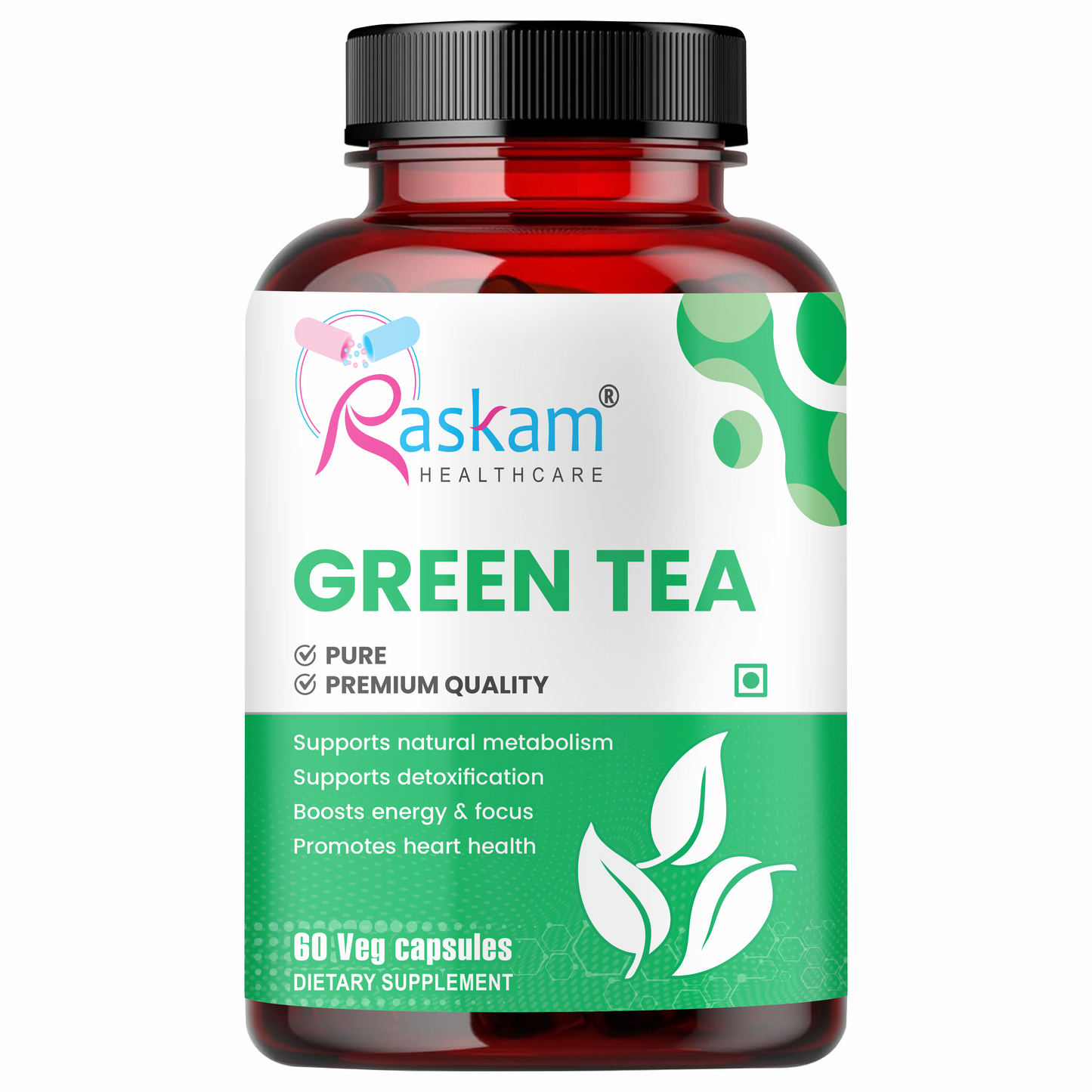 Raskam Green Tea Extract 500mg -60 Capsules with  90% Polyphenols & 45% EGCG- Weight Loss (Fat Burner) & Antioxidant
