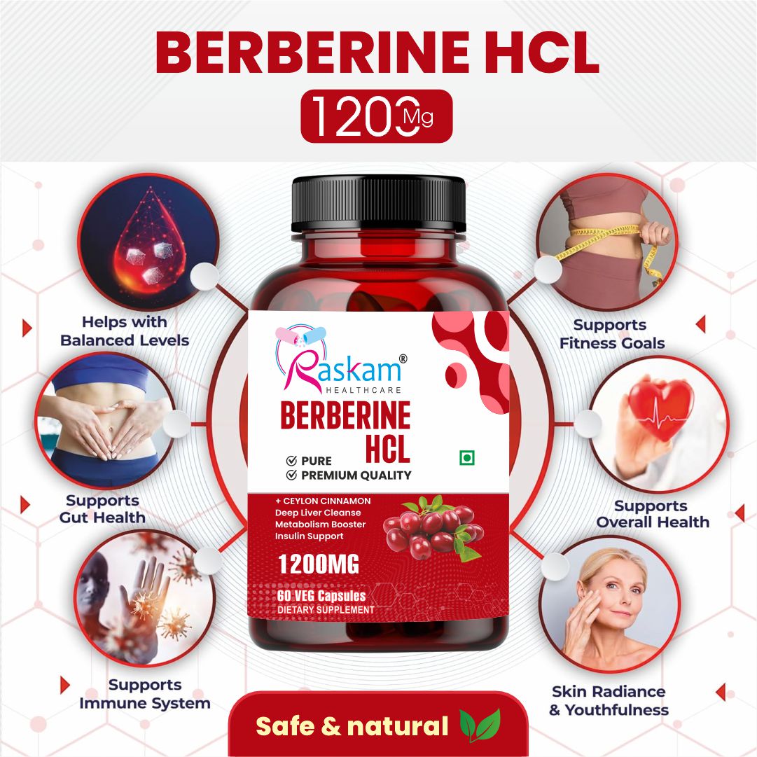 Raskam Healthcare Berberine HCL 1200mg with Ceylon Cinnamon, 60 Vegetarian Capsules, Dietary Supplement