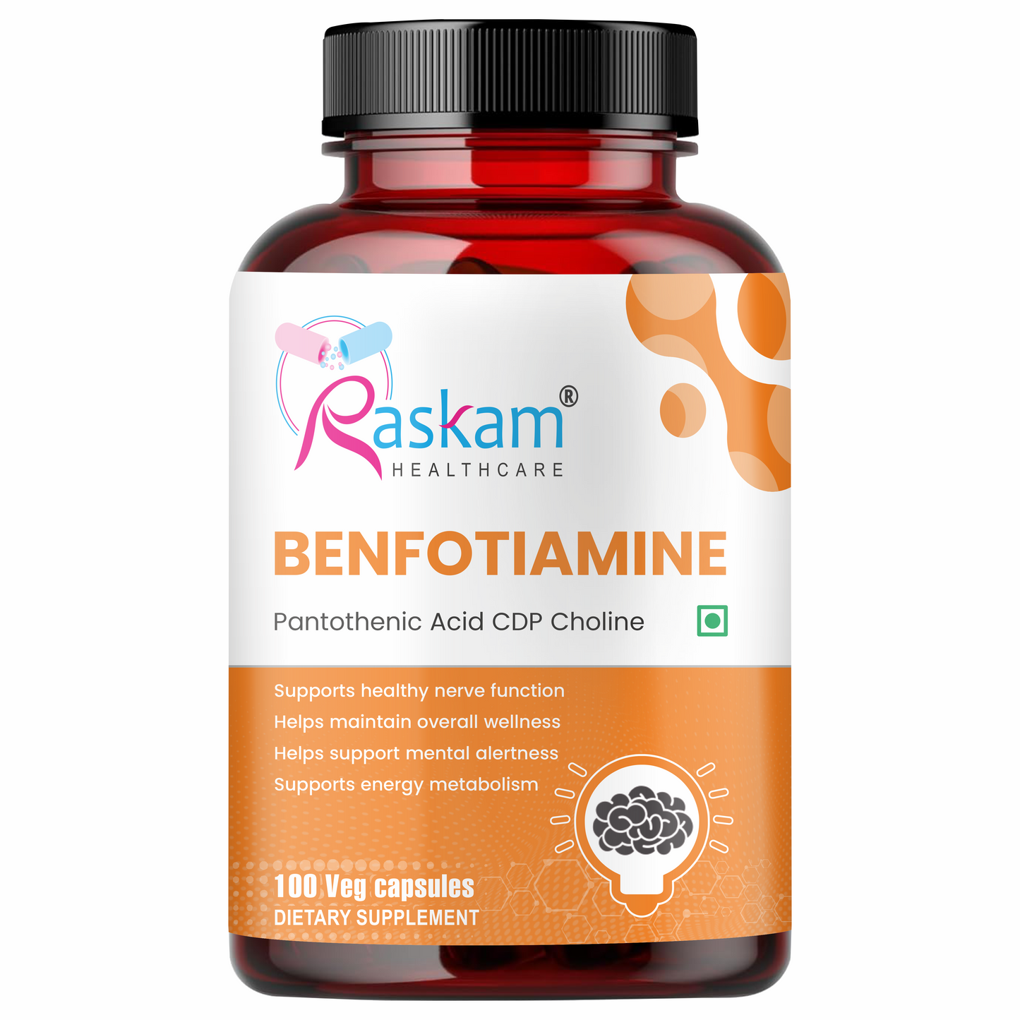 Raskam Benfotiamine+ 600mg  - Antioxidant & Energy Support - Promotes Nerve Health & Metabolic Function - Nutraceutical Supplement 100-Capsules