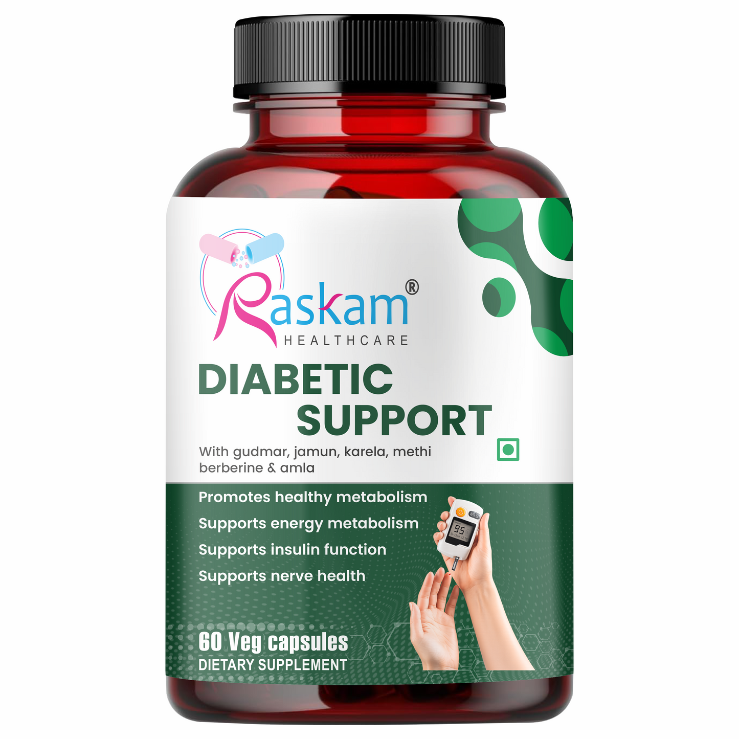 Raskam Diabetic Support Advanced Blood Sugar Support | FSSAI approved Diabetes Care Formula with modern scientific validation Berberine, Cinnamon, Fenugreek, Green Tea to Maintain Healthy Blood Sugar Levels - 60 Veg Capsule
