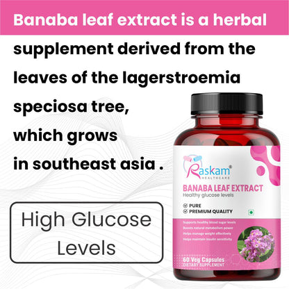 Raskam Banaba Leaf Extract 60- Veg Capsules (Non-GMO & Gluten Free) - Supports Healthy Blood Sugar Levels
