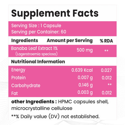 Raskam Banaba Leaf Extract 60- Veg Capsules (Non-GMO & Gluten Free) - Supports Healthy Blood Sugar Levels