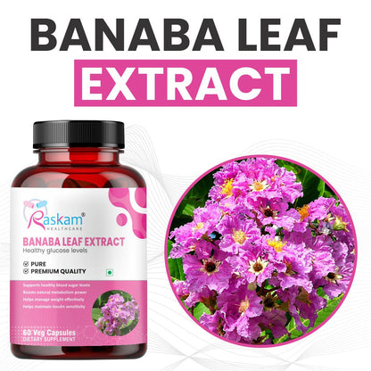 Raskam Banaba Leaf Extract 60- Veg Capsules (Non-GMO & Gluten Free) - Supports Healthy Blood Sugar Levels