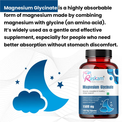 Raskam High Absorption Magnesium Glycinate -120 Vegetable Capsules ,1500mg