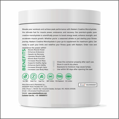 Raskam Creatine Monohydrate powder for Muscle Building & Performance - 33 Servings (Unflavoured, 100gm)