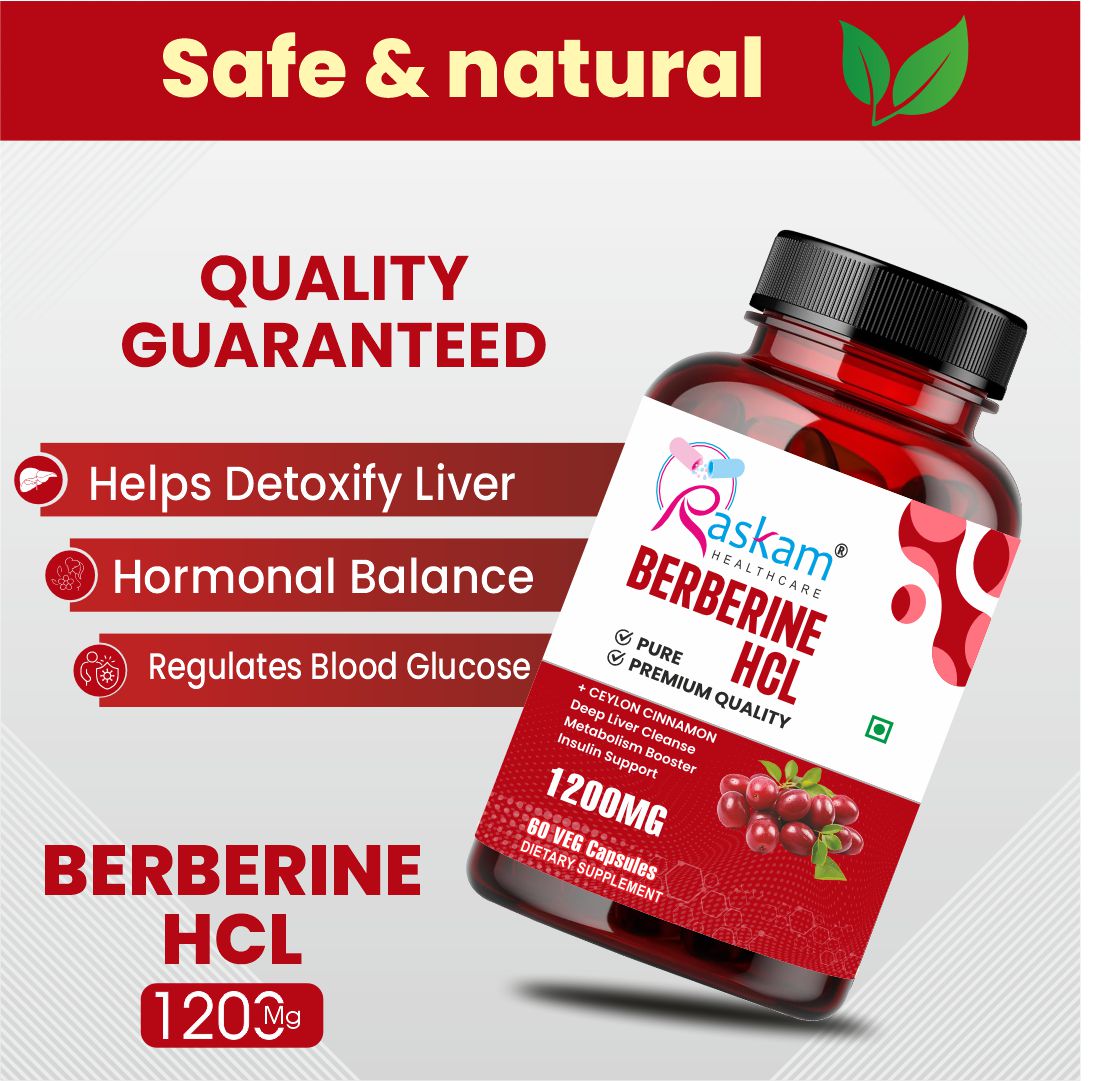 Raskam Healthcare Berberine HCL 1200mg with Ceylon Cinnamon, 60 Vegetarian Capsules, Dietary Supplement
