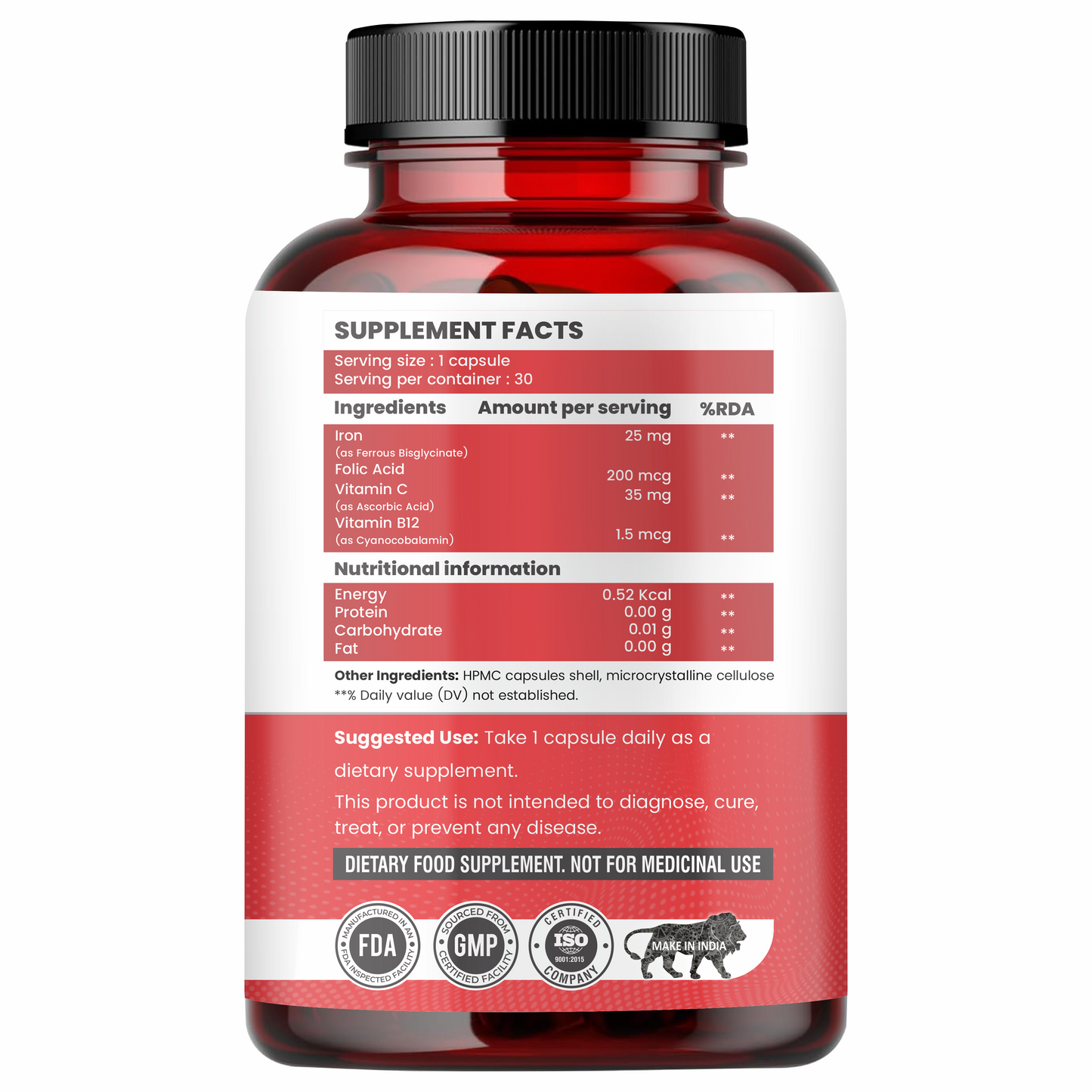 Raskam Iron Supplement with Folic Acid, Vitamin C & Vitamin B12, 60 capsules, Dietary Supplement