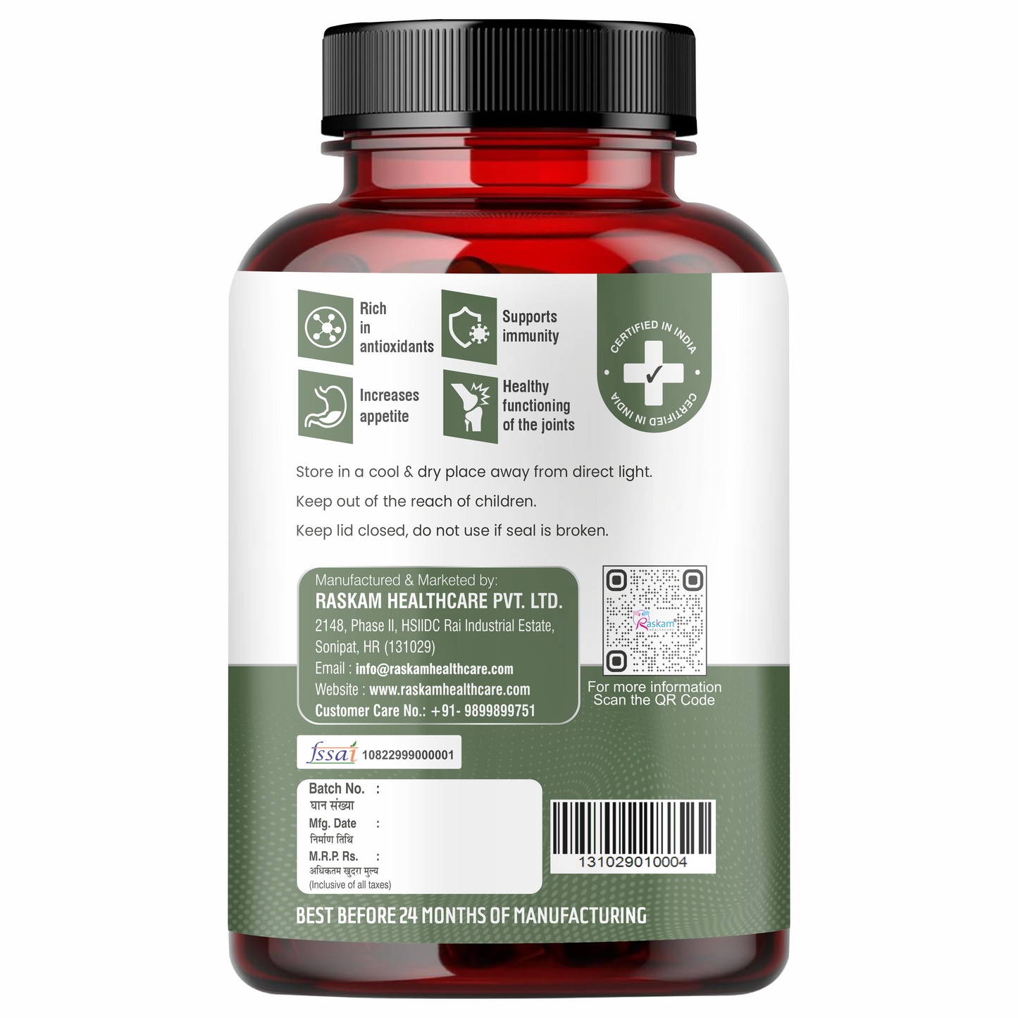 Raskam Moringa 100 Capsules- Helps Lower Blood Sugar & Cholesterol Levels,  Boost Metabolism and Digestion