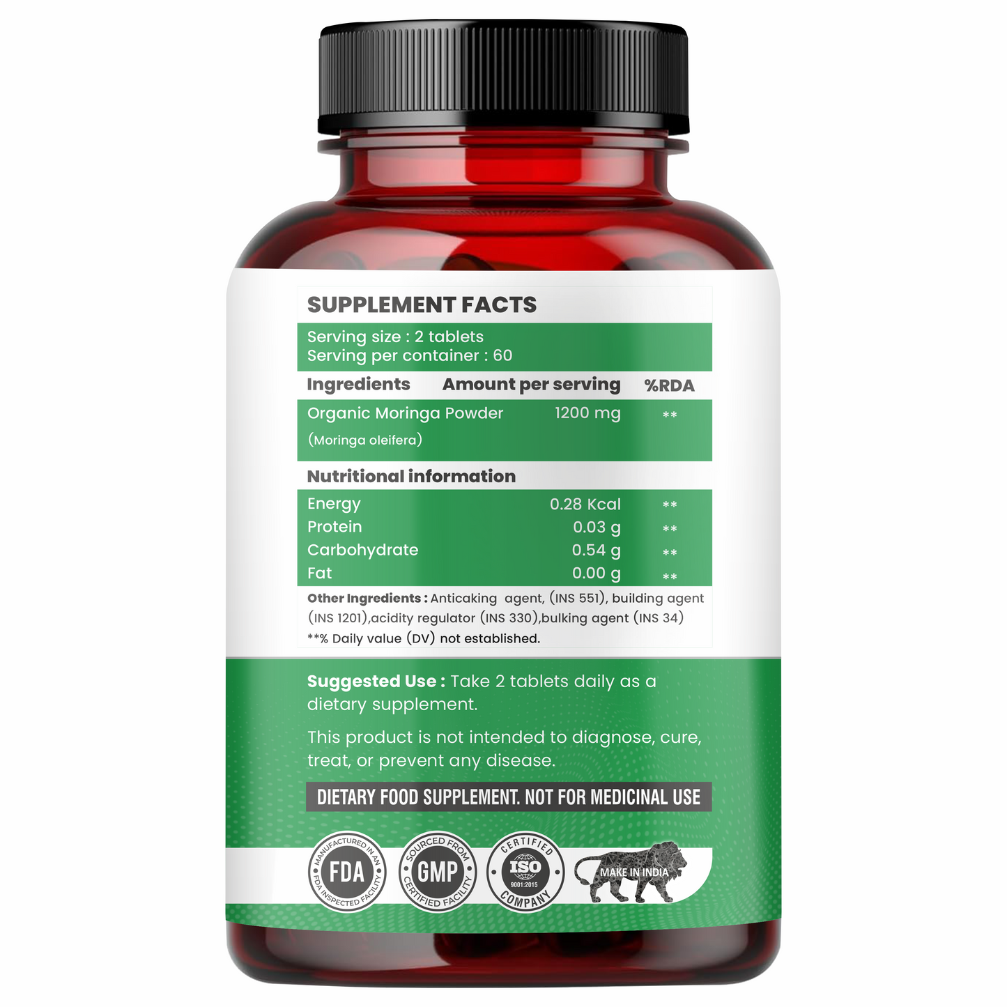 Raskam Organic Moringa Tablet with 1200mg moringa Leaves Extract | Moringa Powder Tablets for Immunity, Digestion & Energy | Moringa Leaves 120 Tablets
