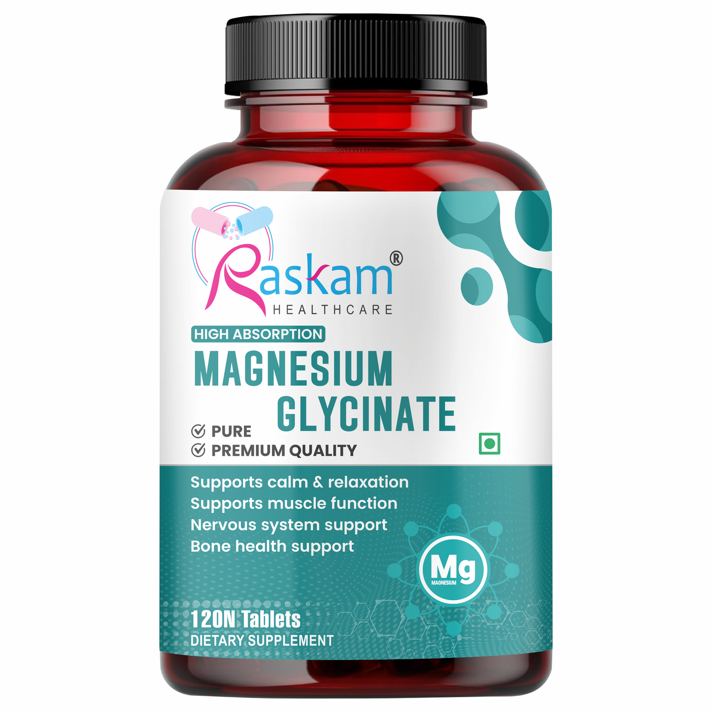 Raskam Magnesium Glycinate, 2000mg per serving, 120 vegetarian tablets, supports muscle recovery, sleep and nerve health