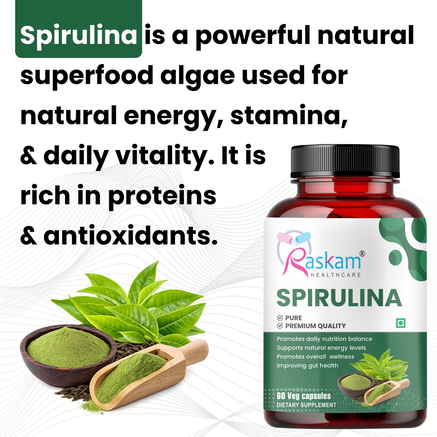 Raskam Spirulina-Super foods 60 capsules - Supports Weight Management & Boosts Immunity | For both Men & Women