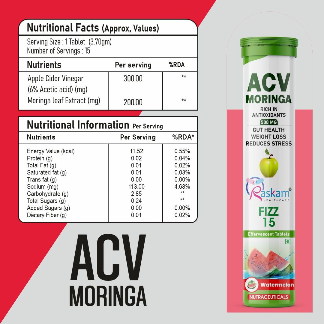 Raskam Apple Cider Vinegar (ACV) Moringa | Master Your Appetite & Boost Immunity | Natural Energy with Antioxidants | No Added Sugar |  Watermelon Flavor | 15 Fizz Tablets (500mg)