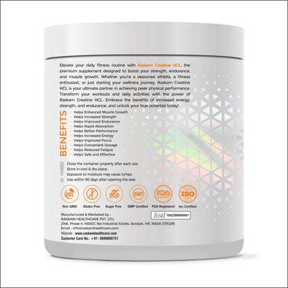 Raskam Pure Creatine HCL Powder (Unflavoured, 166 Sevings) | Rapid Absorption | Enhanced Muscle Strength & Power-500gm