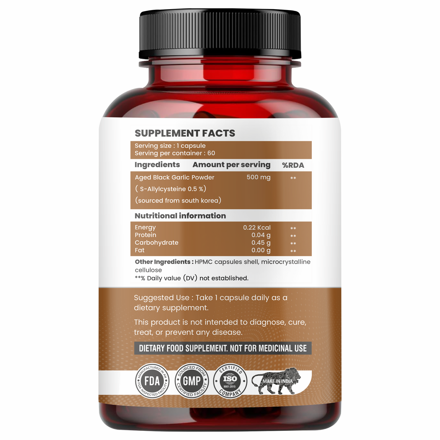 Raskam Natural Black Garlic Capsules Superfood Immunity Booster - Heart & Weight Management - Detox Antioxidant Supplement (60 Veg Capsules)