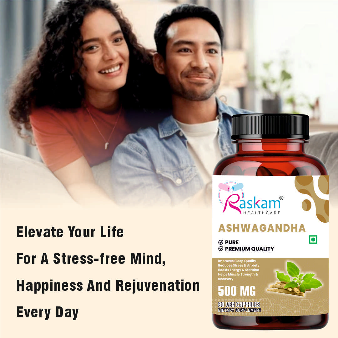 Raskam Ashwagandha - 60 Veg Capsules Boost Energy, Strength, Stamina | Helps Anxiety & Stress Relief For Men & Women