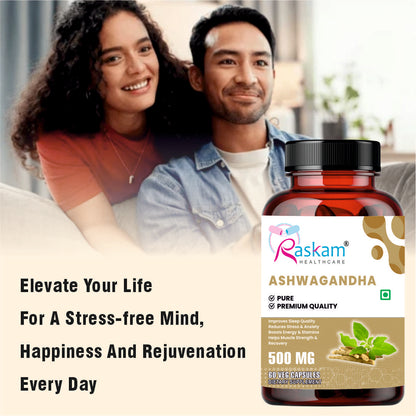Raskam Ashwagandha - 60 Veg Capsules Boost Energy, Strength, Stamina | Helps Anxiety & Stress Relief For Men & Women