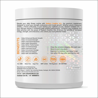 Raskam Pure Creatine HCL Powder (Unflavoured, 100 Sevings) | Rapid Absorption | Enhanced Muscle Strength & Power-300gm