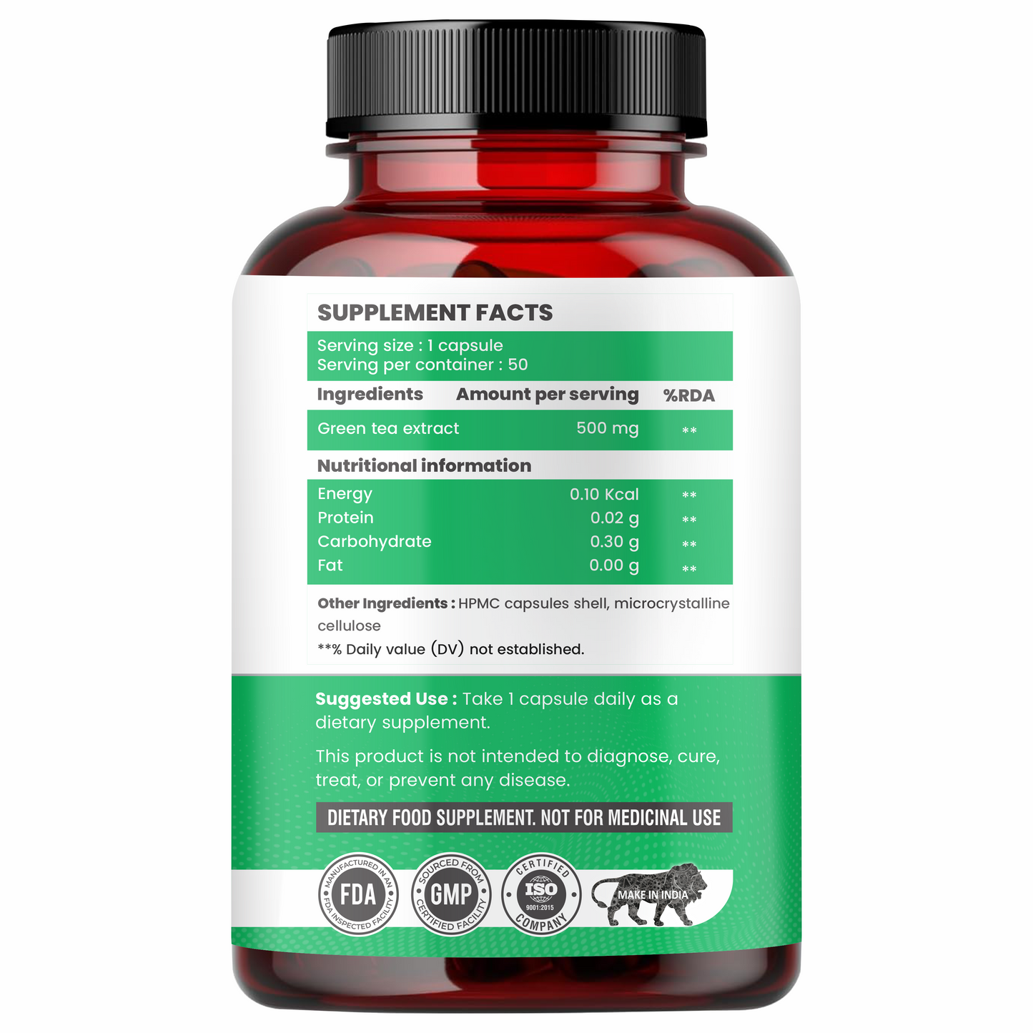 Raskam Green Tea Extract 500mg -60 Capsules with  90% Polyphenols & 45% EGCG- Weight Loss (Fat Burner) & Antioxidant
