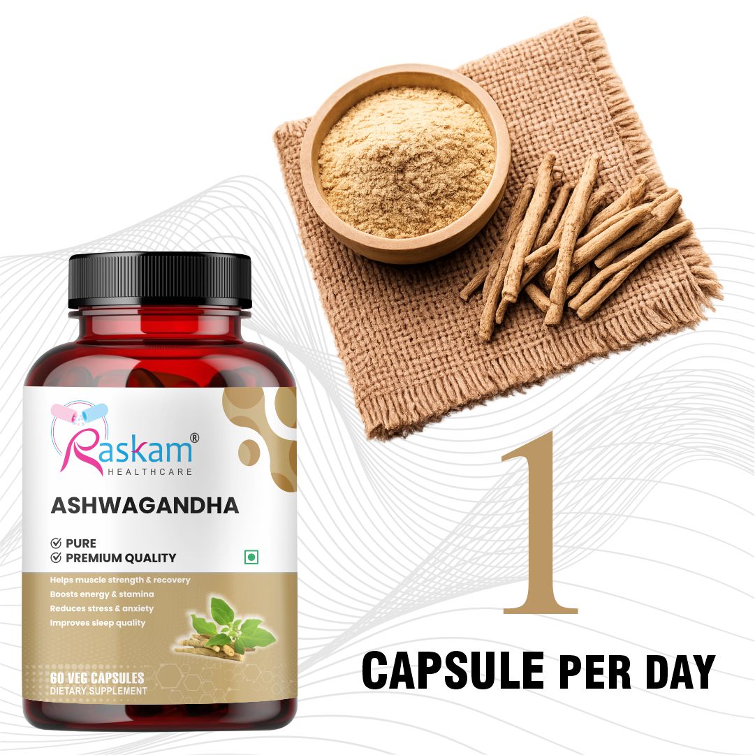 Raskam Ashwagandha - 60 Veg Capsules Boost Energy, Strength, Stamina | Helps Anxiety & Stress Relief For Men & Women