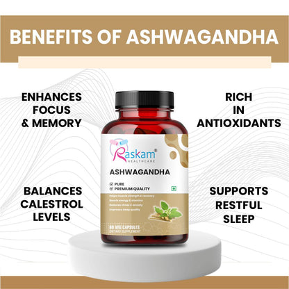 Raskam Ashwagandha - 60 Veg Capsules Boost Energy, Strength, Stamina | Helps Anxiety & Stress Relief For Men & Women