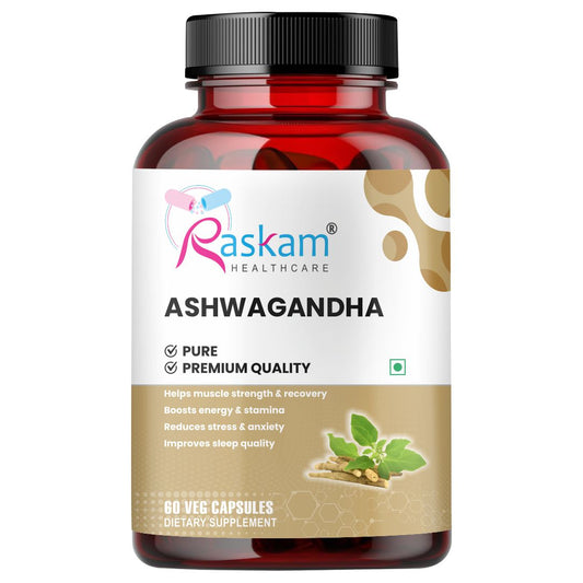 Raskam Ashwagandha - 60 Veg Capsules Boost Energy, Strength, Stamina | Helps Anxiety & Stress Relief For Men & Women