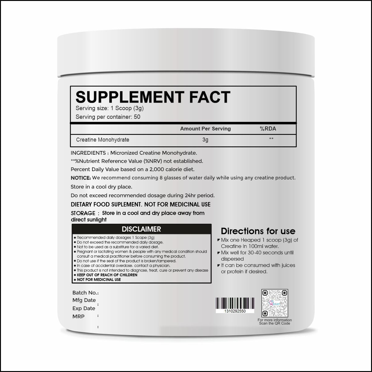 Raskam Creatine Monohydrate powder for Muscle Building & Performance - 50 Servings (Unflavoured, 150gm)