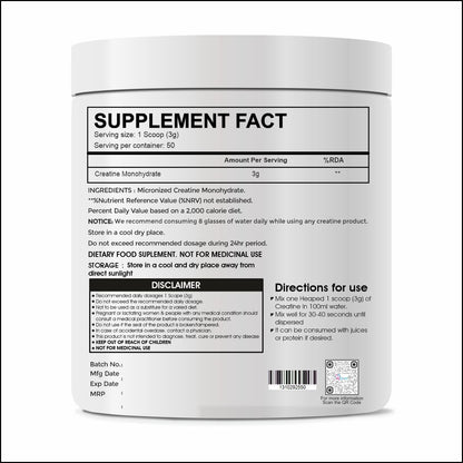 Raskam Creatine Monohydrate powder for Muscle Building & Performance - 50 Servings (Unflavoured, 150gm)