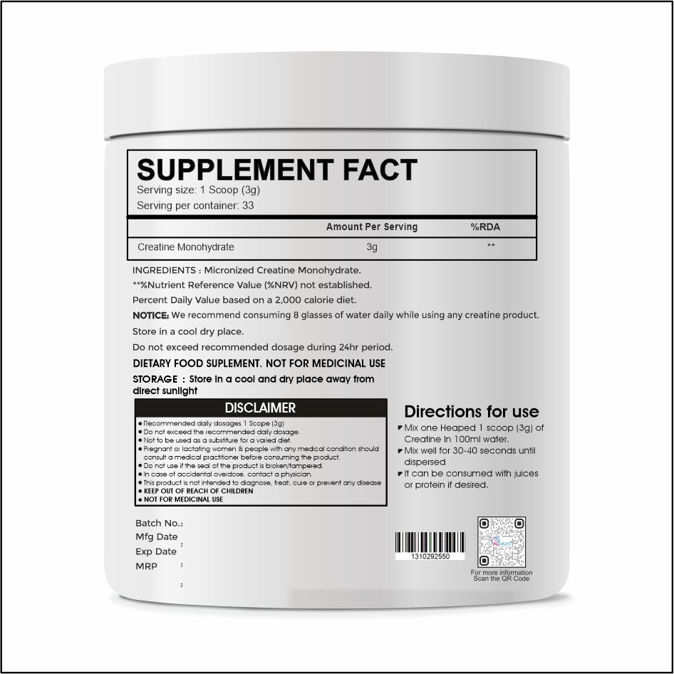 Raskam Creatine Monohydrate powder for Muscle Building & Performance - 33 Servings (Unflavoured, 100gm)