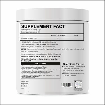 Raskam Creatine Monohydrate powder for Muscle Building & Performance - 33 Servings (Unflavoured, 100gm)