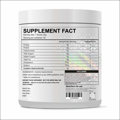 Raskam Pure Creatine HCL Powder (Unflavoured, 50 Sevings) | Rapid Absorption | Enhanced Muscle Strength & Power-150gm