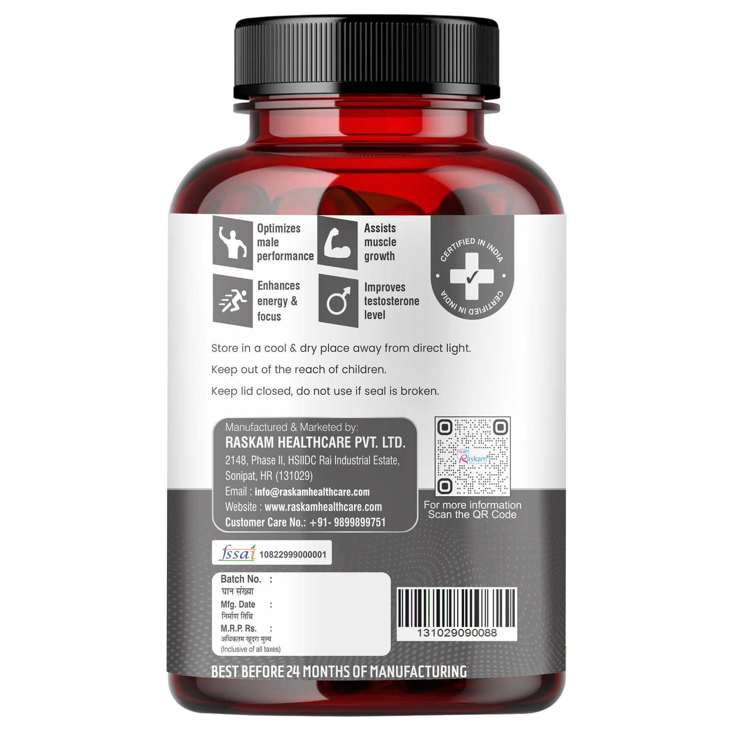 Raskam Testocharge - 100 Capsules Supports Strength & Stamina, For Men