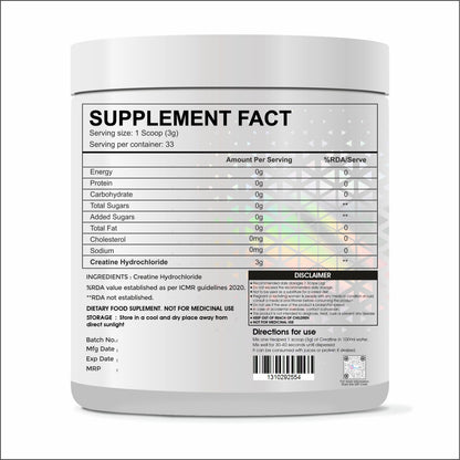 Raskam Pure Creatine HCL Powder (Unflavoured, 33 Sevings) | Rapid Absorption | Enhanced Muscle Strength & Power-100gm