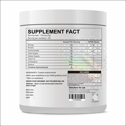 Raskam Pure Creatine HCL Powder (Unflavoured, 100 Sevings) | Rapid Absorption | Enhanced Muscle Strength & Power-300gm
