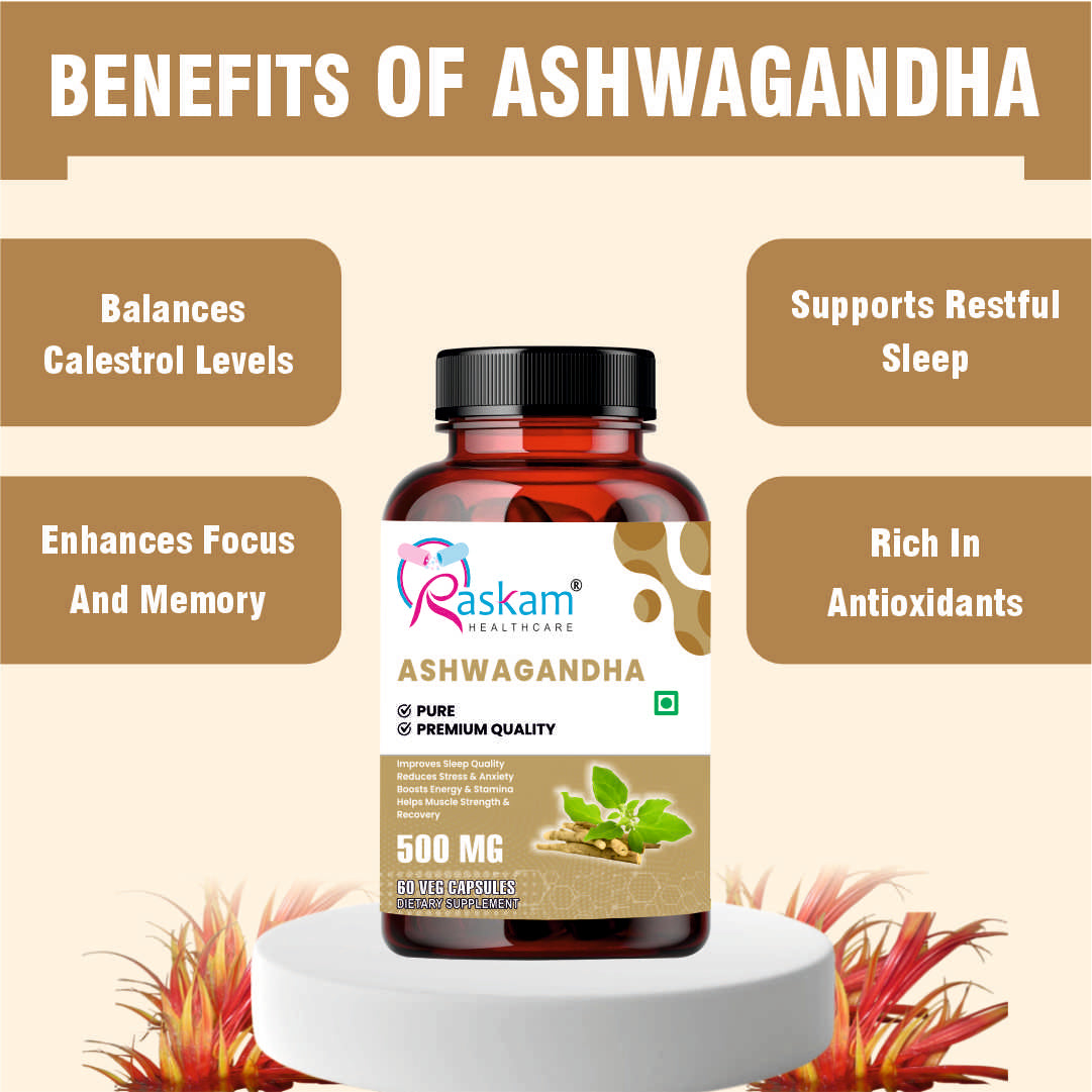 Raskam Ashwagandha - 60 Veg Capsules Boost Energy, Strength, Stamina | Helps Anxiety & Stress Relief For Men & Women