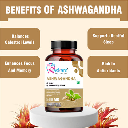 Raskam Ashwagandha - 60 Veg Capsules Boost Energy, Strength, Stamina | Helps Anxiety & Stress Relief For Men & Women