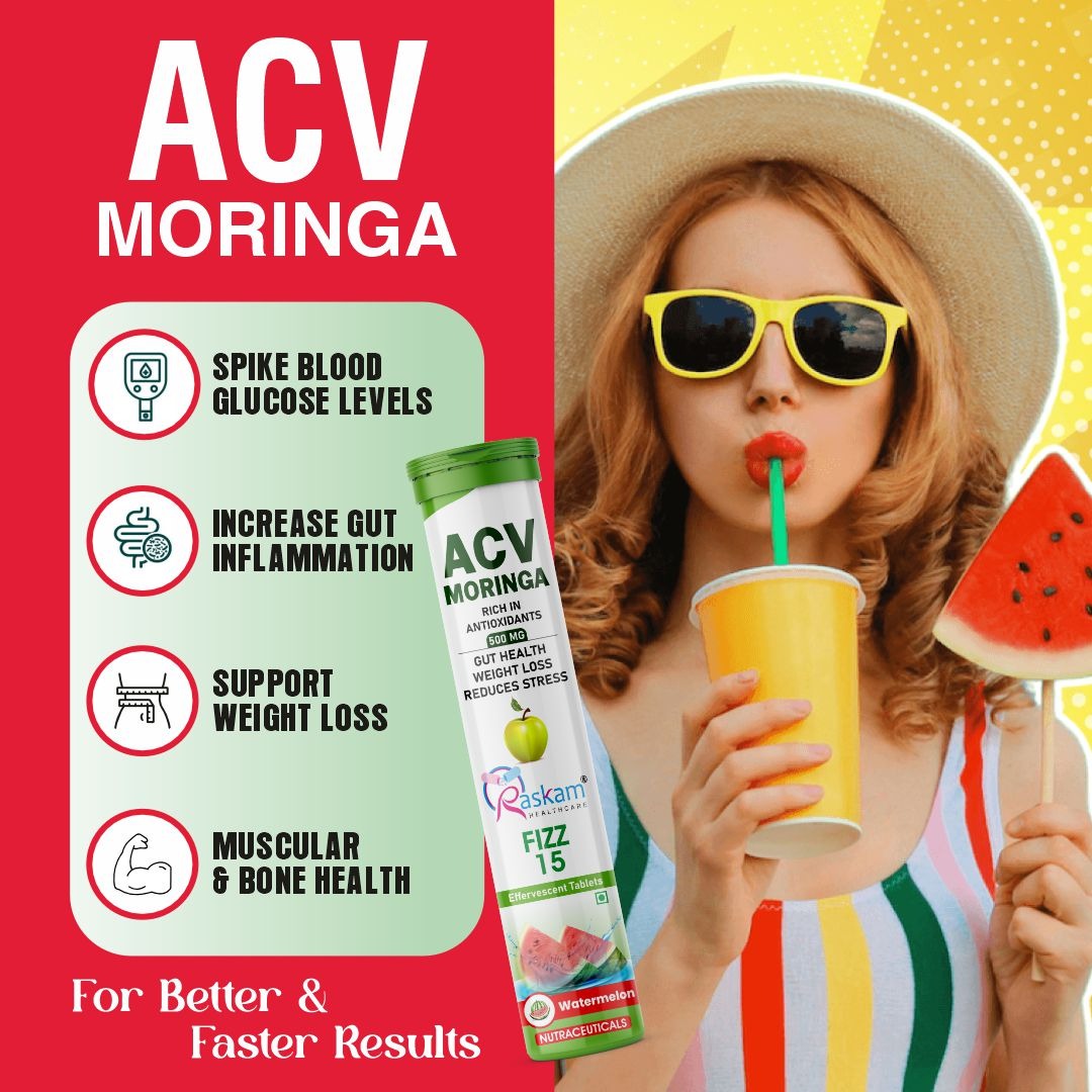 Raskam Apple Cider Vinegar (ACV) Moringa | Master Your Appetite & Boost Immunity | Natural Energy with Antioxidants | No Added Sugar |  Watermelon Flavor | 15 Fizz Tablets (500mg)