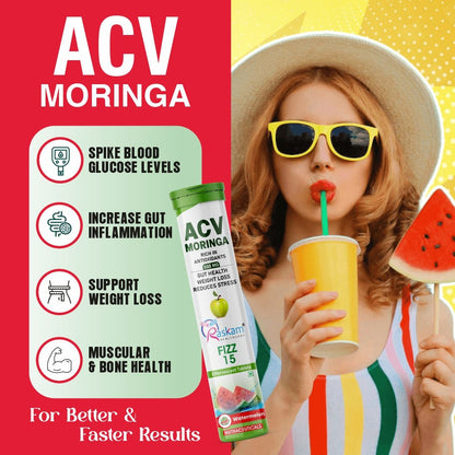 Raskam Apple Cider Vinegar (ACV) Moringa | Master Your Appetite & Boost Immunity | Natural Energy with Antioxidants | No Added Sugar |  Watermelon Flavor | 15 Fizz Tablets (500mg)
