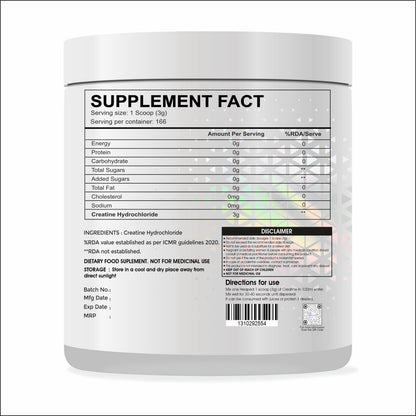 Raskam Pure Creatine HCL Powder (Unflavoured, 166 Sevings) | Rapid Absorption | Enhanced Muscle Strength & Power-500gm