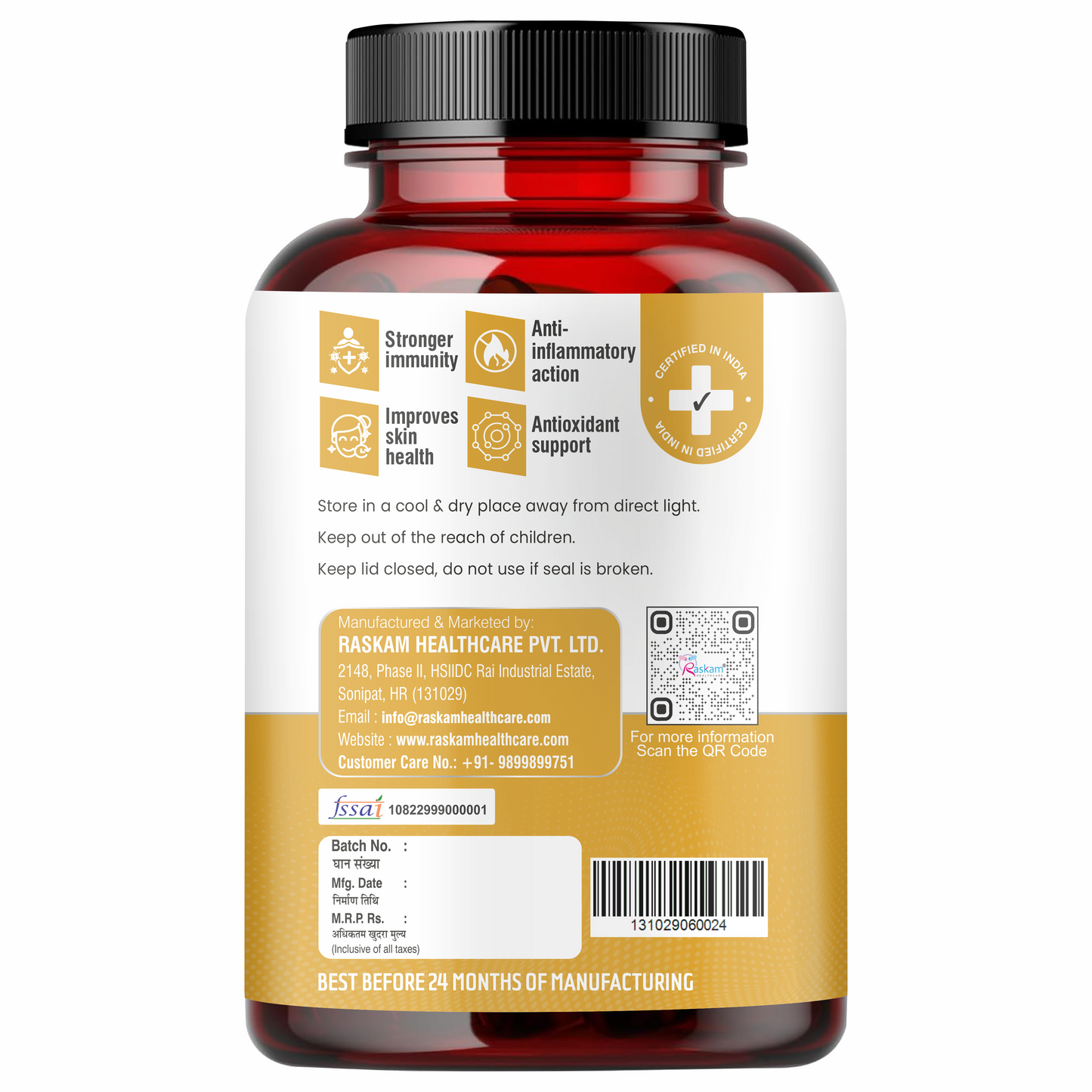 Raskam Vita C Plus - 100 Capsules - Antioxidant & Immune Support - Overall Health - Skin Anti-Ageing -Supports Healthy Skin & Joints
