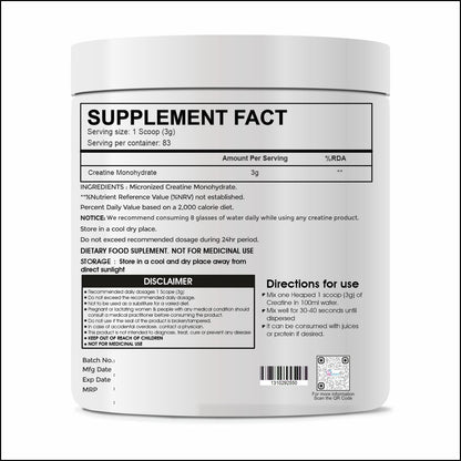 Raskam Creatine Monohydrate powder for Muscle Building & Performance - 83 Servings (Unflavoured, 250gm)