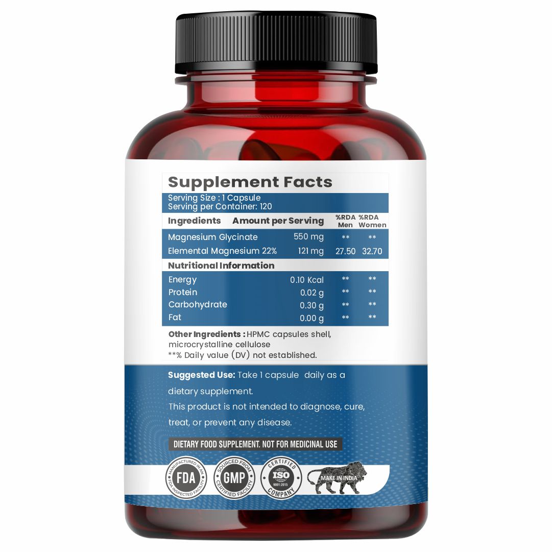 Raskam High Absorption Magnesium Glycinate -120 Vegetable Capsules ,1500mg