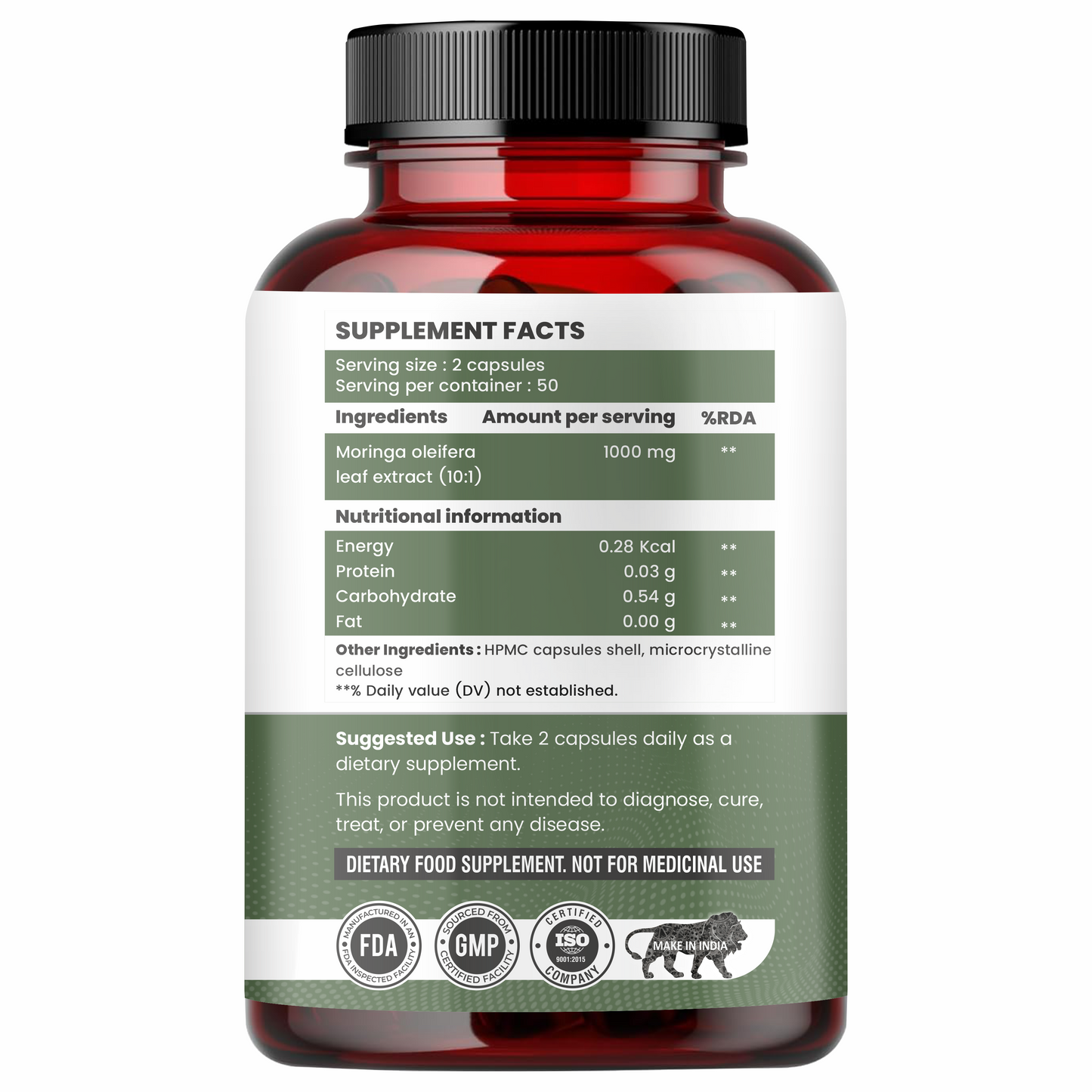 Raskam Moringa 100 Capsules- Helps Lower Blood Sugar & Cholesterol Levels,  Boost Metabolism and Digestion