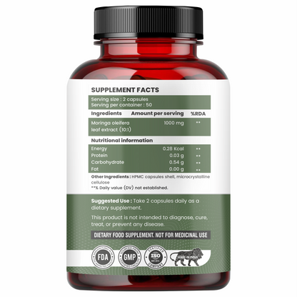 Raskam Moringa 100 Capsules- Helps Lower Blood Sugar & Cholesterol Levels,  Boost Metabolism and Digestion