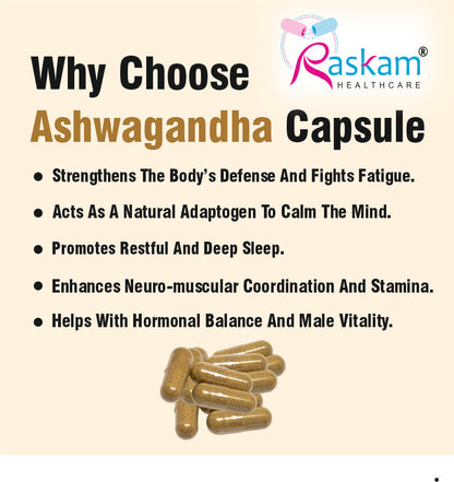 Raskam Ashwagandha - 60 Veg Capsules Boost Energy, Strength, Stamina | Helps Anxiety & Stress Relief For Men & Women