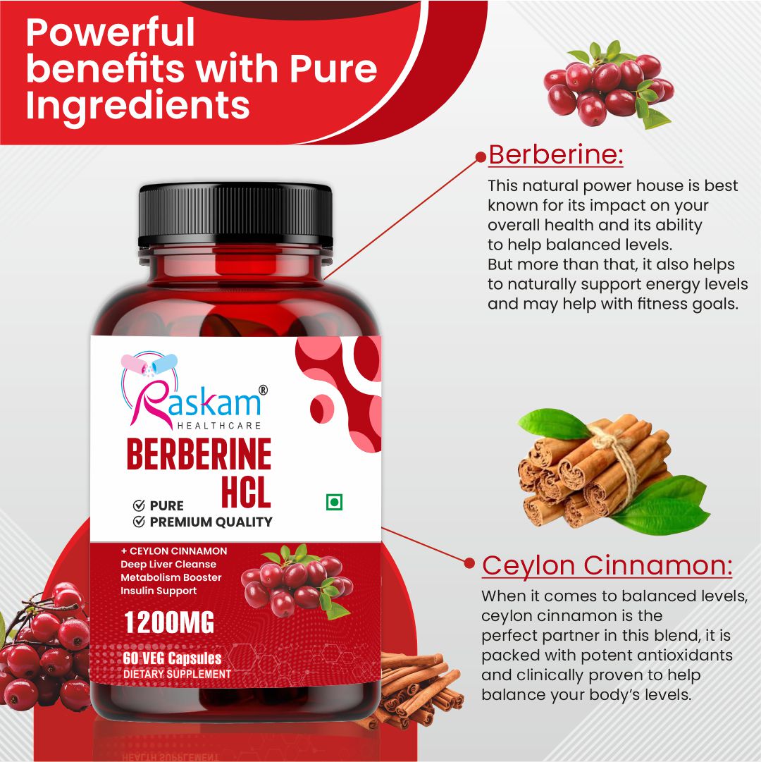 Raskam Healthcare Berberine HCL 1200mg with Ceylon Cinnamon, 60 Vegetarian Capsules, Dietary Supplement
