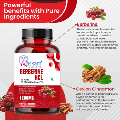 Raskam Healthcare Berberine HCL 1200mg with Ceylon Cinnamon, 60 Vegetarian Capsules, Dietary Supplement
