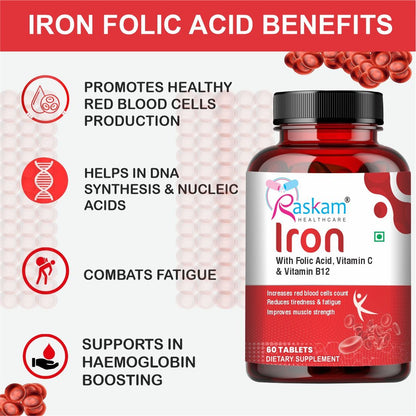 Raskam Iron Supplement with Folic Acid, Vitamin C & Vitamin B12, 60 tablets, Dietary Supplement