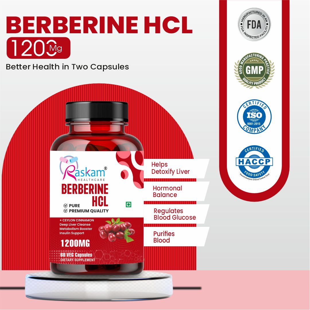 Raskam Healthcare Berberine HCL 1200mg with Ceylon Cinnamon, 60 Vegetarian Capsules, Dietary Supplement