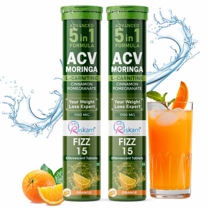 Raskam ACV Moringa 5 in 1 formula Effervescent Tablets Helps To Turn Fat Into Energy | With Carnitine, Pomegranate & Cinnamon | Supports Fat Burn | Weight Loss Drink for Women, Men | No Added Sugar | Orange Flavor | 15 Fizz Tablets (1100mg)